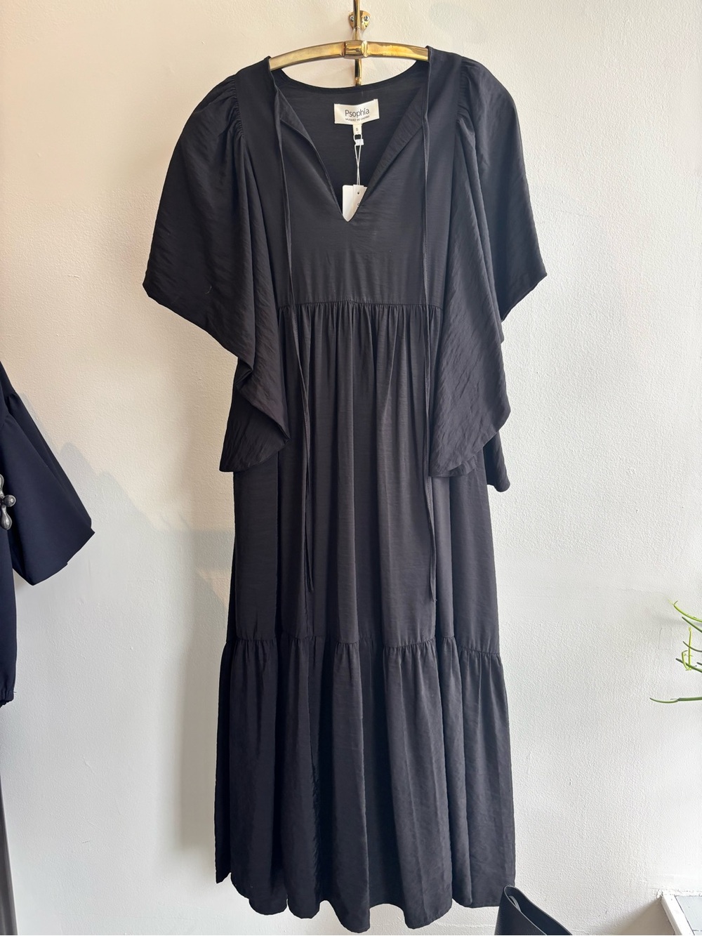 Black V-Neck Tiered Maxi Dress by Psophia
